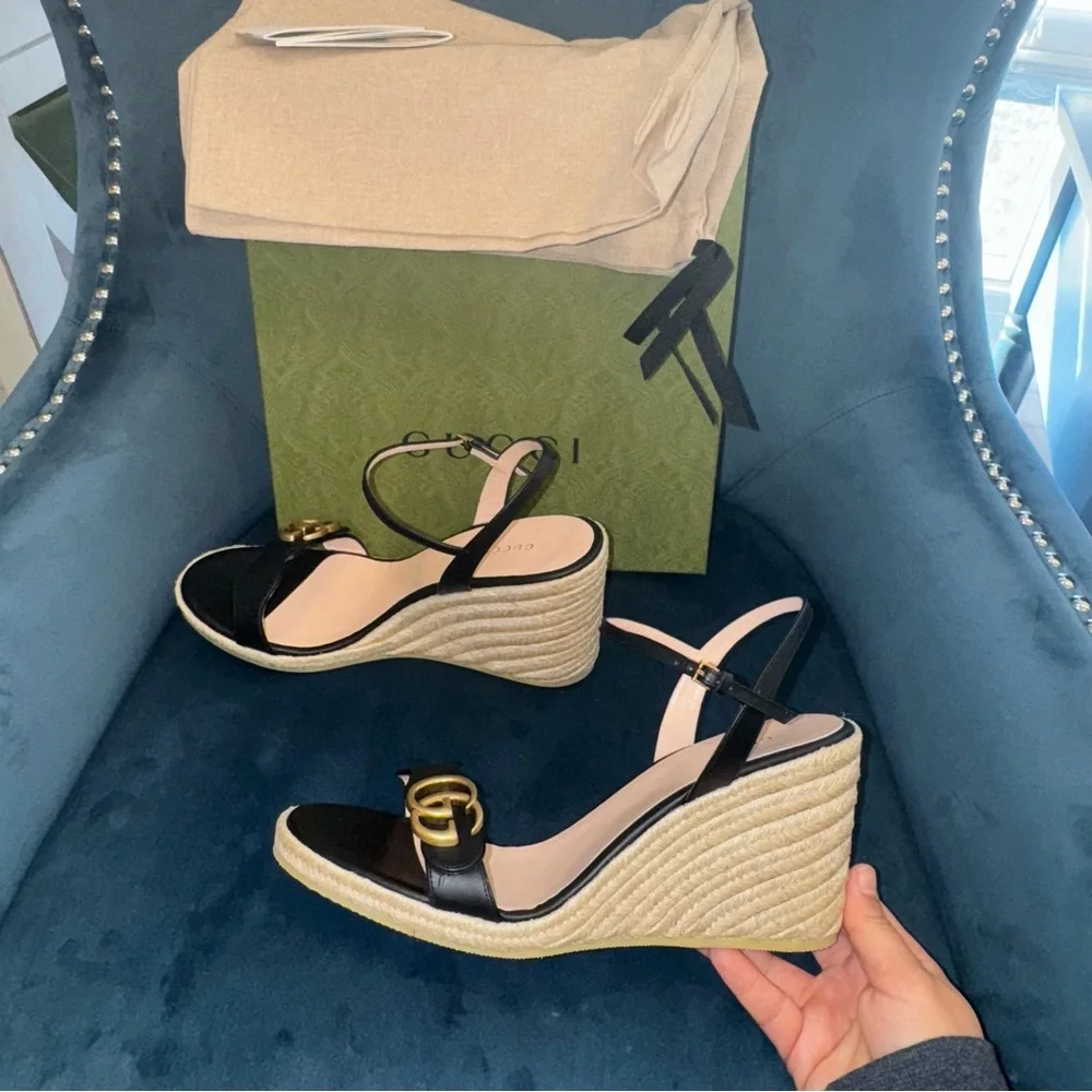 New Size 42 Gucci Aitana Espadrille Wedge Sandals Black